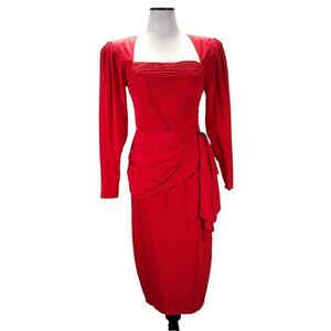 Vintage 90s Red Fitted Midi Cocktail Dress Size S Draped Open Back Square Neck